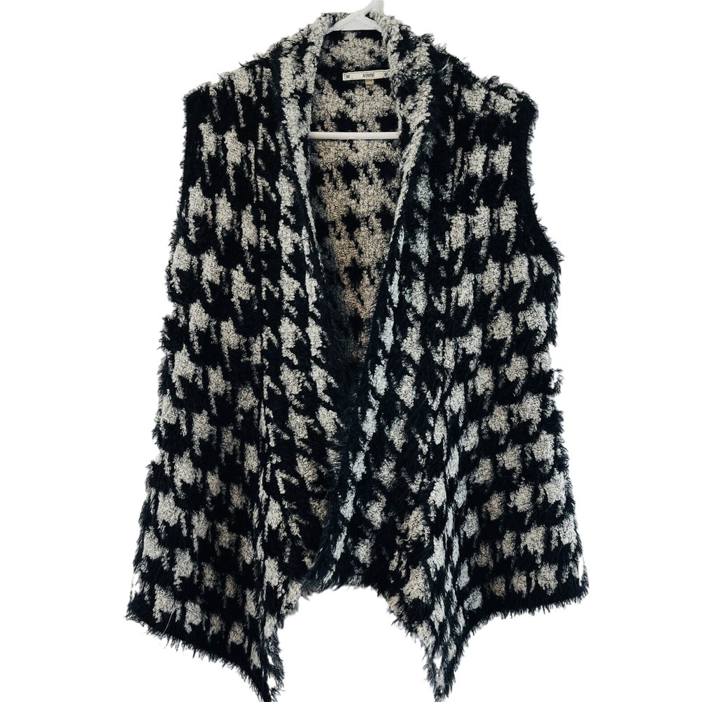 Womens S/M Sioni Houndstooth Sweater Vest Black White Eyelash Fringe Open Front